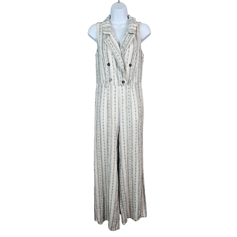 NANETTE LEPORE Size 4 Ivory Striped Linen Rayon Sleeveless Collared Jumpsuit